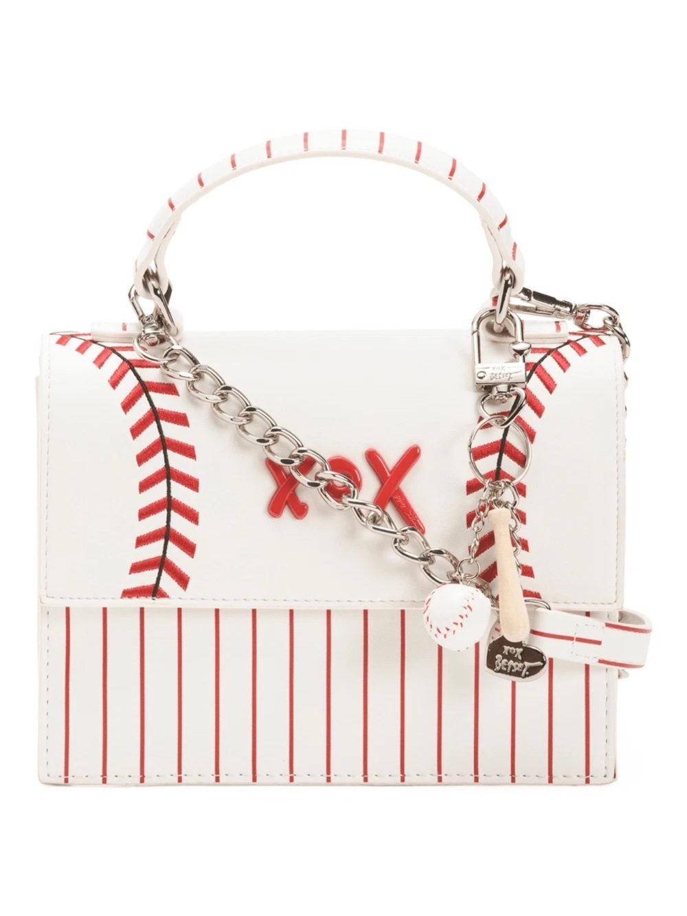 Betsey Johnson White & Red Striped Baseball-Accent Crossbody Top-Handle Bag NWT